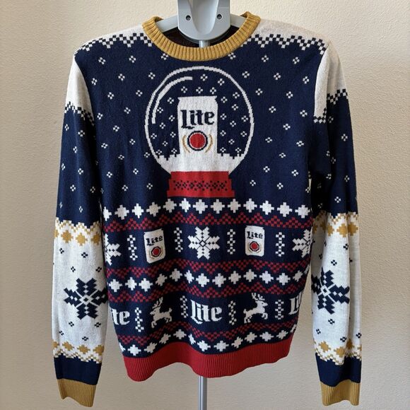 Miller Light Funny Ugly Christmas Sweater Mens Sz MED Beer Snowflakes Pullover - Picture 1 of 5